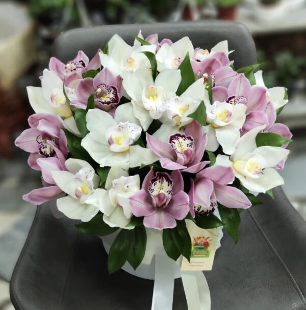 Белые и розовые орхидеи в коробке «Мечтай»