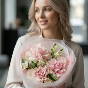 Красивый букет из французских розовых роз «Моя любимая»