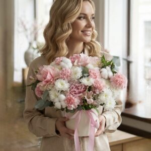 Букет в коробке из розовых роз и хризантем "Расцветай"