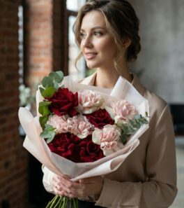 Букет розы 9 штук красные и розовые «Французское очарование»