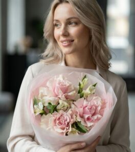 Красивый букет из французских розовых роз «Моя любимая»